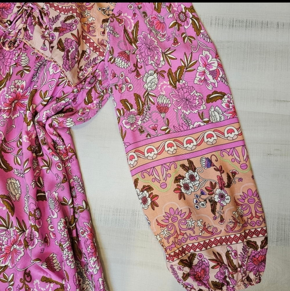 New Boho Cottage Floral Maxi Smock Dress Pink Yellow Tan White Green - Picture 7 of 8